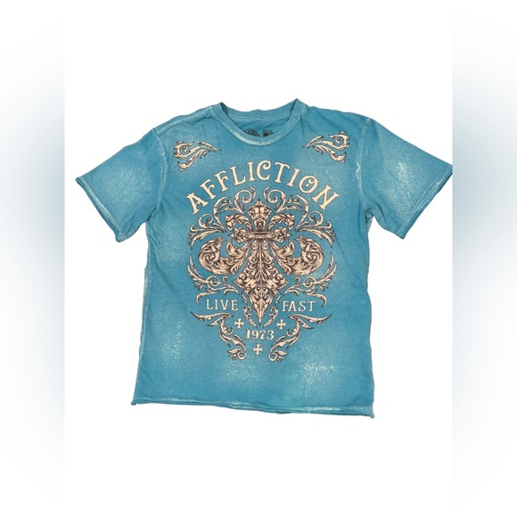 Affliction Teal Blue and Cream Kids Short Sleeve Crew Graphic Tee T-shirt M - Picture 1 of 4
